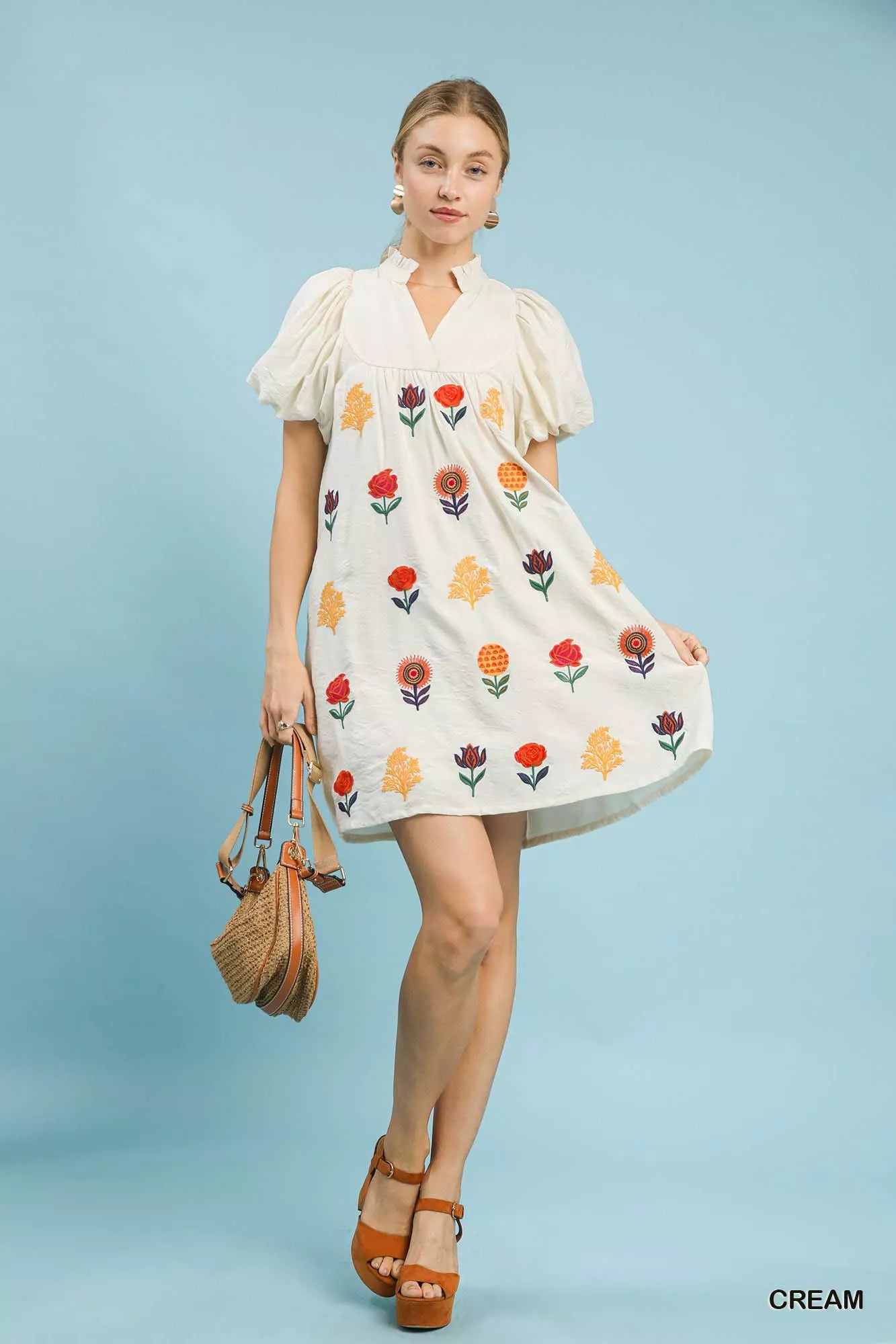Umgee Mini Dress Cream Floral Embroidered Puff Short Sleeve bf9fbd31-d81a-4a78-bfbc-10e7e8ea3b85-Max-Origin Trendsi