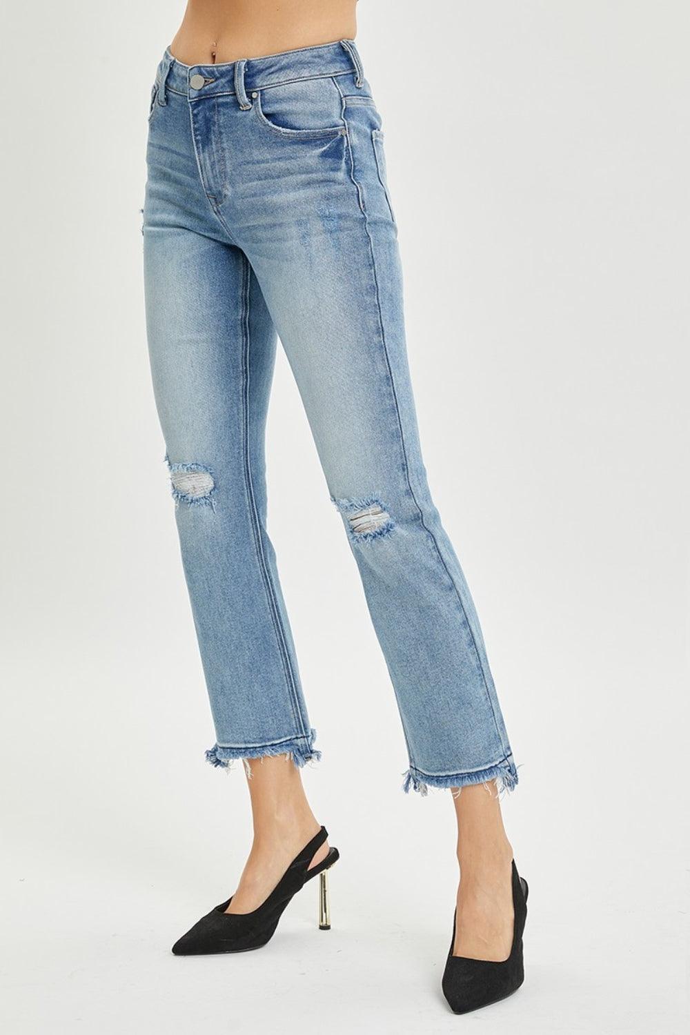 Cropped Straight Jeans RISEN High Rise Distressed Denim Pants