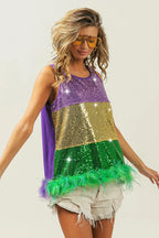 BiBi Sequin Top Mardi Gras Color Block Faux Feather Hem Sleeveless bfa82247b98140bf9549e95b4d4dff3c-Max-Origin Trendsi