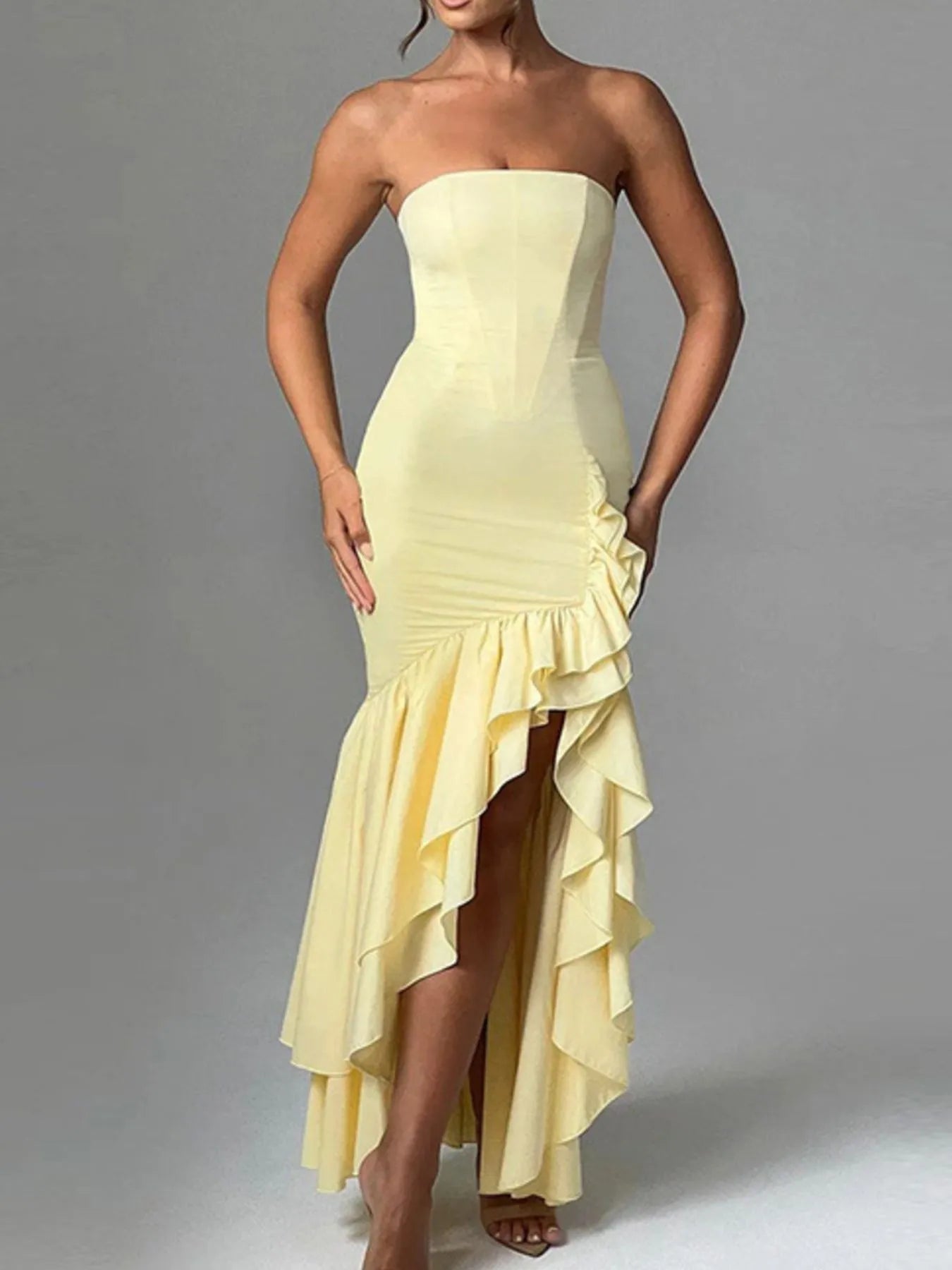 Bodycon Dress Strapless Ruffle Split High-Low Tiered Party Dresses bfab7a43-9310-40b7-a33f-3ba55f70460c-Max-Origin Trendsi