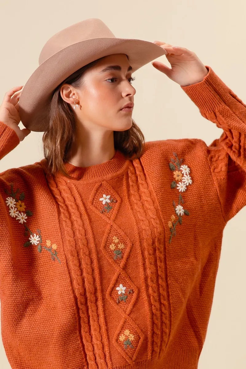SO ME Womens Sweater Brick Orange Embroidered Flower Cable Knitted bfaf19cd7fce408880ef9b327c8c67d1-Max-Origin Trendsi