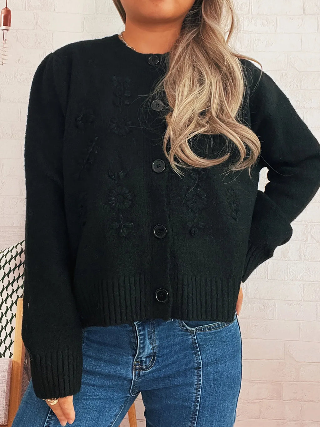 Women's Cardigan Flower Embroidered Button Up Ribbed Hem Round Neck bfbe7bd4ed834f6bbf62b2b59bf58337-Max-Origin Trendsi