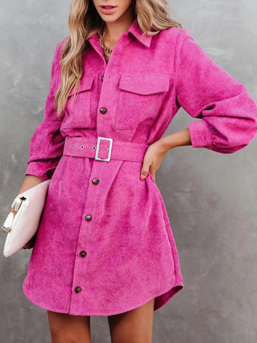 Corduroy Mini Shirt Dress Button Front Belt Long Sleeve bfc2a64511f748559e92d68718543db6-Max-Origin Trendsi