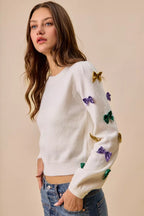 SO ME Sweater Knit Top Mardi Gras Glitter Bow Ribbon Ivory bfc6ce04b4644361bdb8bd3e7092ff6d-Max-Origin Trendsi