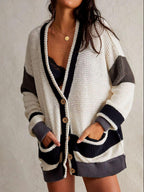 Pocketed Cardigan Contrast V-Neck Long Sleeve Knitwear White bfc7a198-dfea-4628-b4b0-bfe1b34aa61e-Max Trendsi