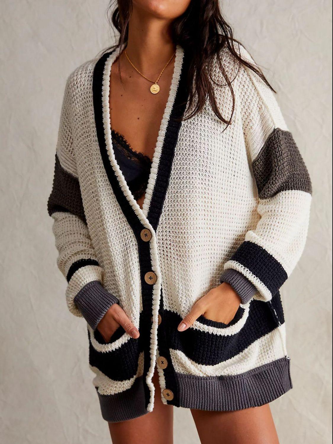 Pocketed Cardigan Contrast V-Neck Long Sleeve Knitwear White bfc7a198-dfea-4628-b4b0-bfe1b34aa61e-Max Trendsi