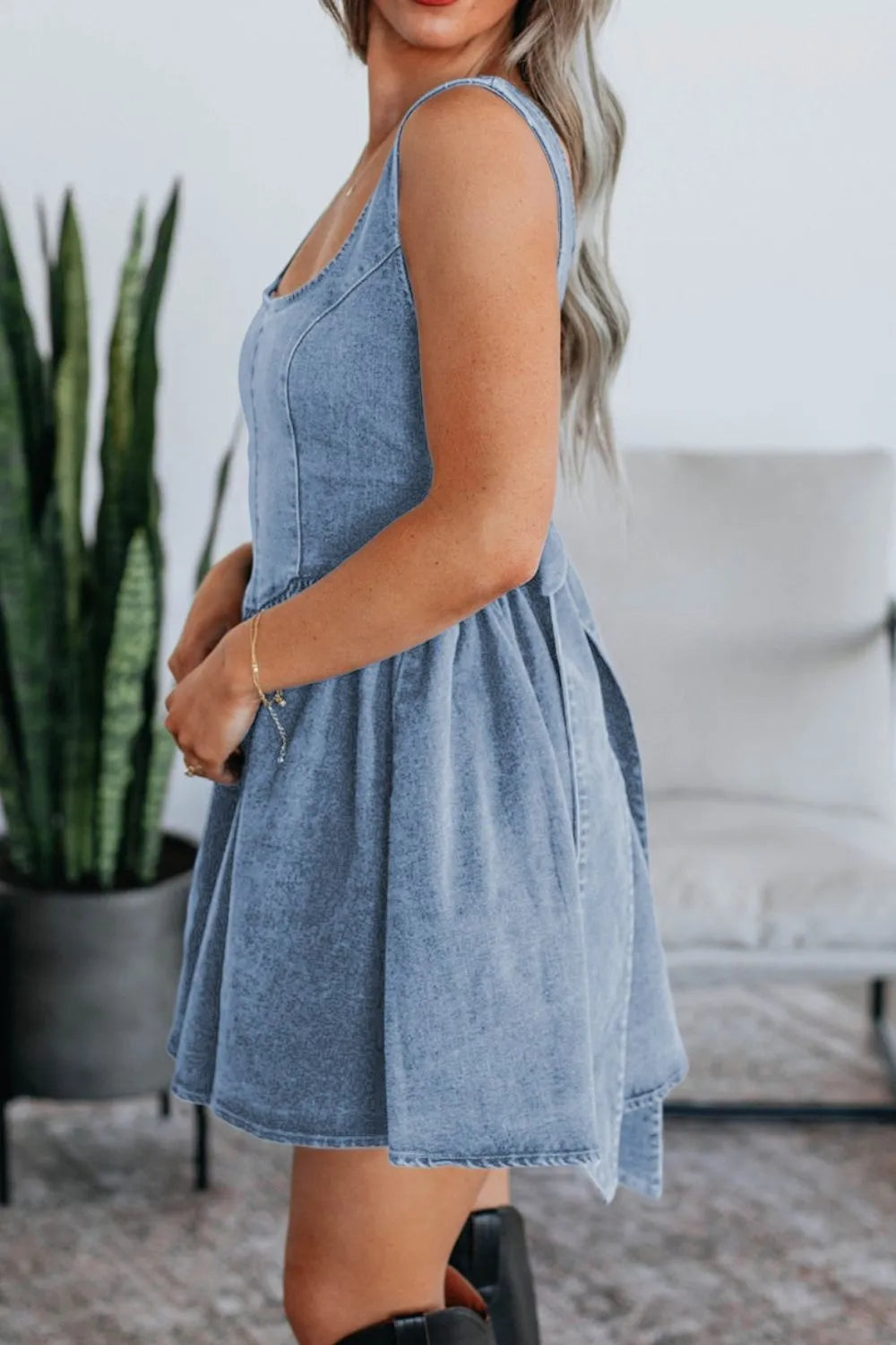 Denim Skater Dress V-Back Bow Tied Halter Empire Waist bfce64a5-7bc2-413c-8b0c-ae9d030a4a40-Max-Origin Trendsi