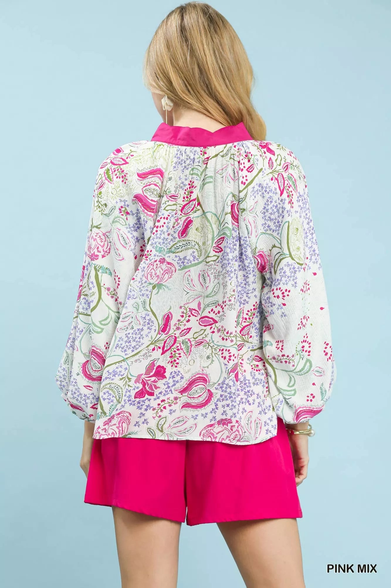Umgee Blouse Pink Mix Paisley Floral Contrast Trim Long Sleeve Top bfda37ec-432a-40e5-b5ae-81aa943b237d-Max-Origin Trendsi