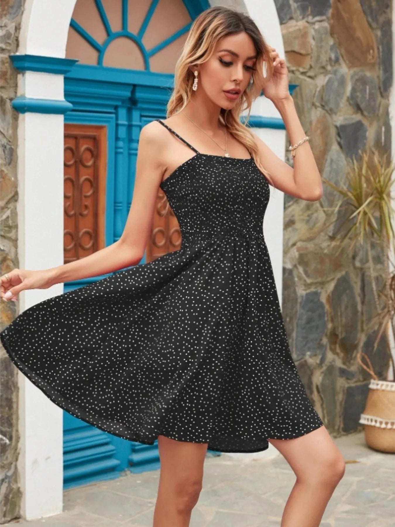 Mini Cami Dress Swiss Dot Smocked Square Neck with Thin Straps bfe75c31e8524a78bc077ca22774c452-Max-Origin Trendsi