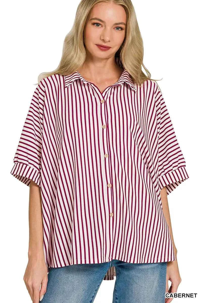 Zenana Oversized Stripe Button Down Shirt