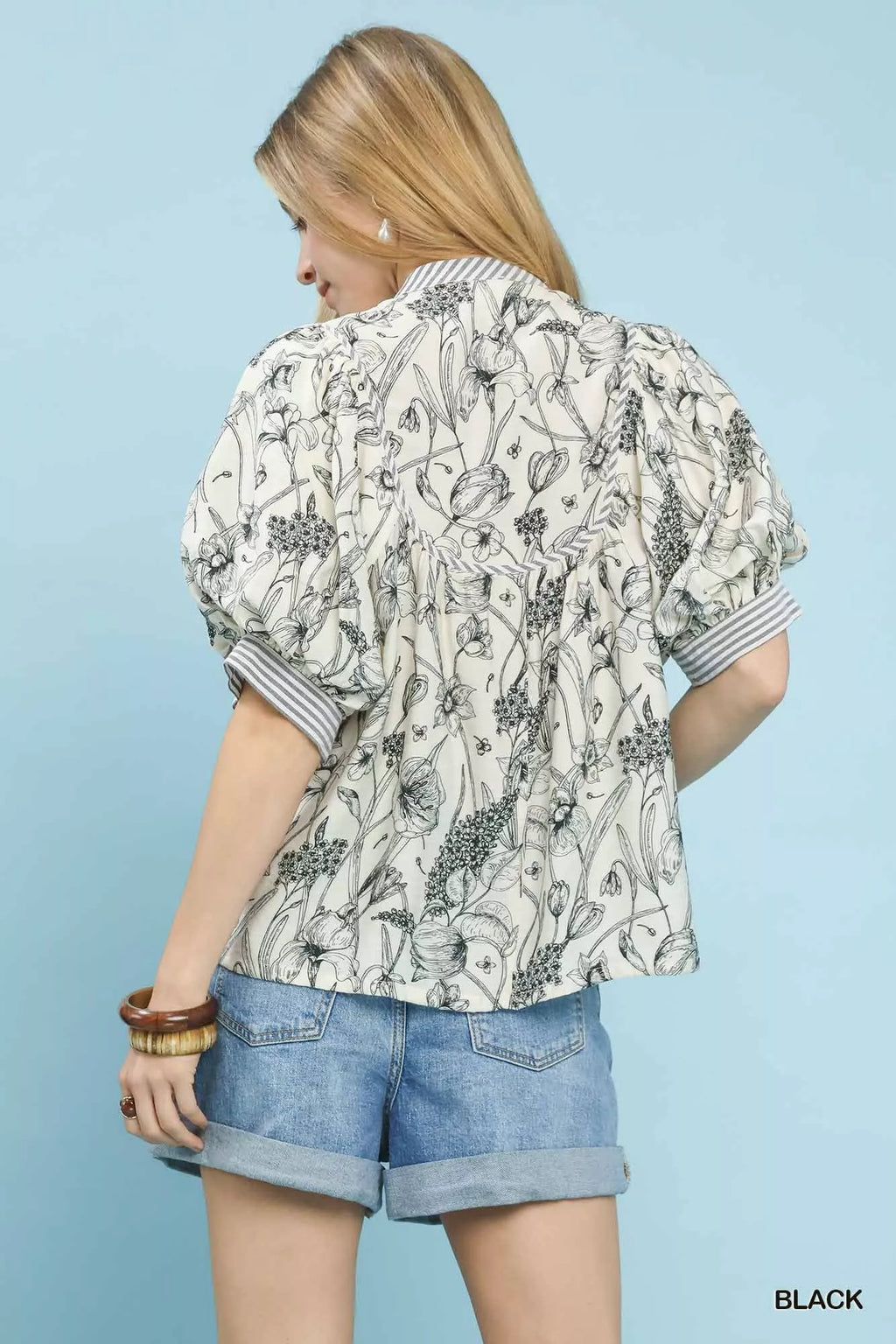 Umgee Blouse Black Floral Mixed Print Puff Short Sleeve Split Neck Top bffc8342-ccda-467a-bbe3-f50ba6cc4b3f-Max-Origin Trendsi