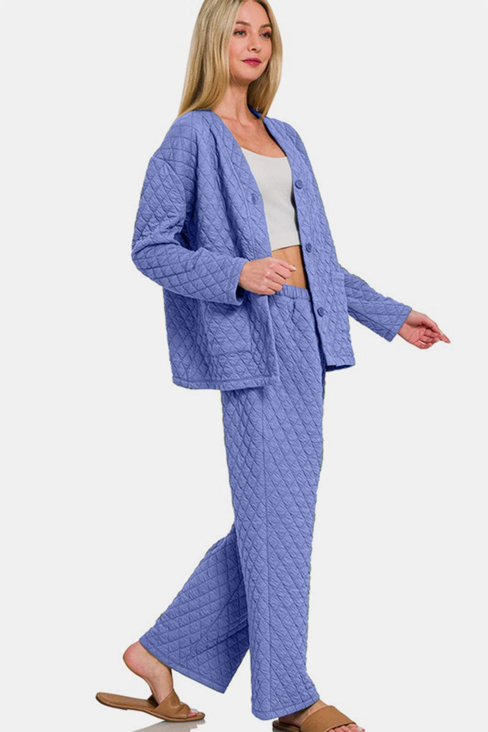 Zenana Quilted Lounge Set Blue Purple Long Sleeve Top Shirt and Pants Set