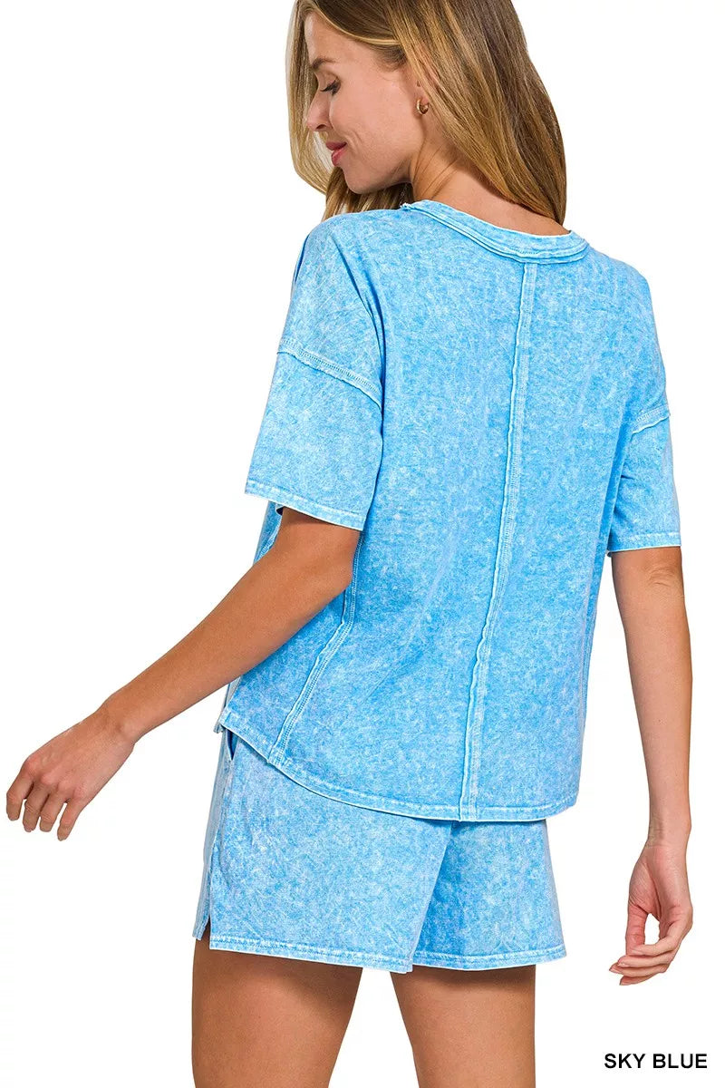 Zenana Outfit Set Sky Blue Halo Snow Washed Short Sleeve Top Tee and Shorts bffff455f0c04ddf932b0345db9f7cb4-Max-Origin Trendsi