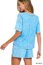 Zenana Outfit Set Sky Blue Halo Snow Washed Short Sleeve Top Tee and Shorts bffff455f0c04ddf932b0345db9f7cb4-Max-Origin Trendsi
