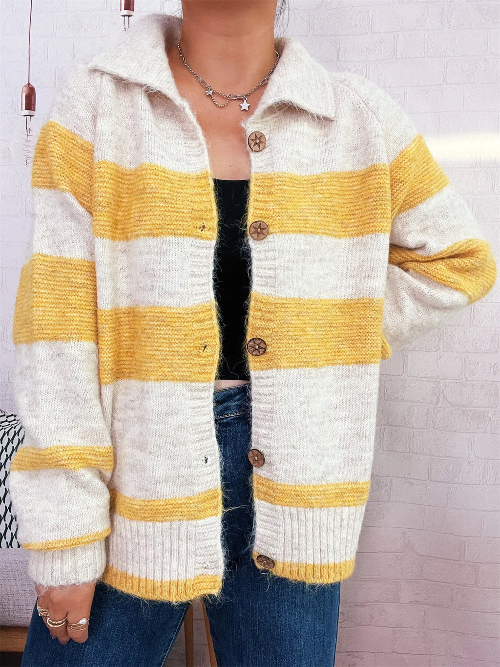 Women's Cardigan Striped Button-Up Cozy Soft Long Sleeve Yellow One Size bffffd153ec444ad8e8839809659a858-Max-Origin Trendsi