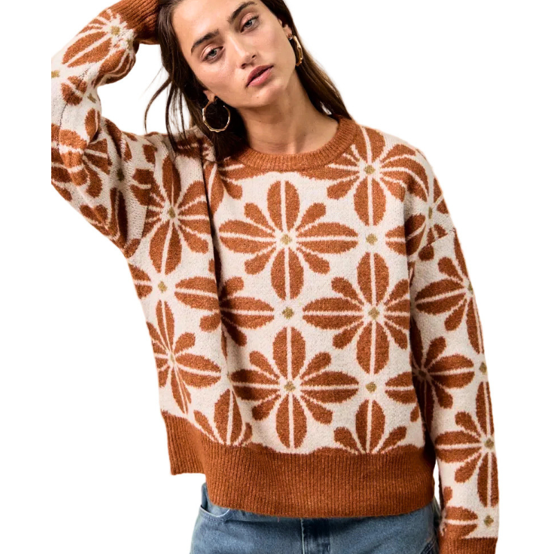 BiBi Floral Sweater Casual Oversized Rust Ivory Long Sleeve Knit Pullover