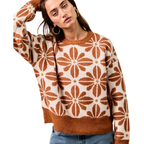 BiBi Blumenpullover Lässig Oversize Rost Elfenbein Langarm Strickpullover
