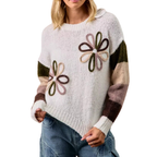 BiBi Pullover Wolle-Mix Strick Blumen Color Block Elfenbein Braun Langarm Pullover