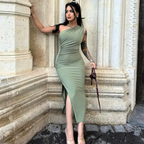 Bodycon Midi Dress One-Shoulder Ruched Side Slit Slimming Party Dresses