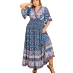 Plus Size Maxi Dress Floral Printed Wrap-Style Half Sleeve V-Neck Boho Casual XL-4XL