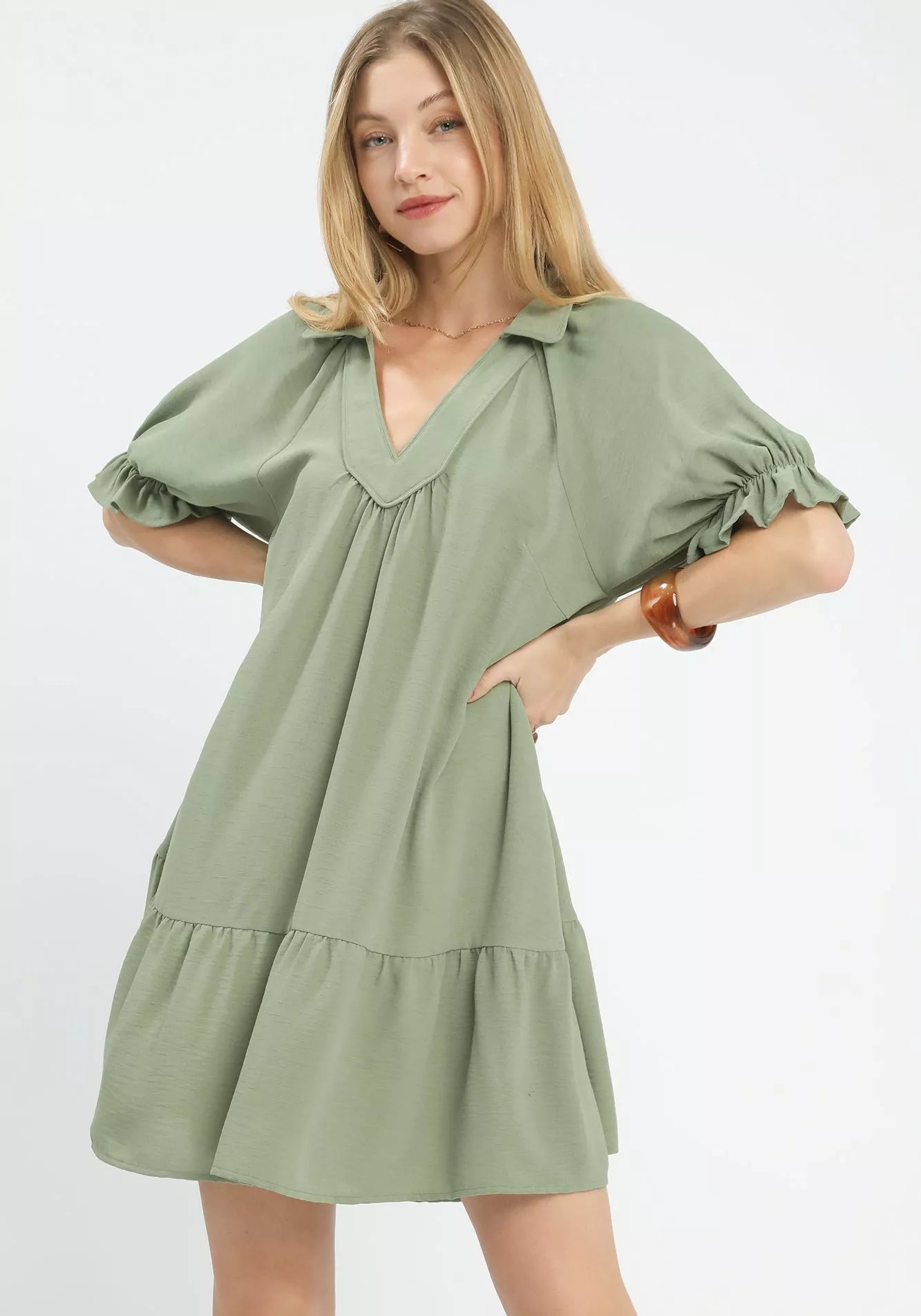Umgee Babydoll Mini Dress Sage Green Tiered Puff Short Sleeve Ruffled SAGE c004431c-91e0-4161-8350-b99d3faab2e7-Max-Origin Trendsi