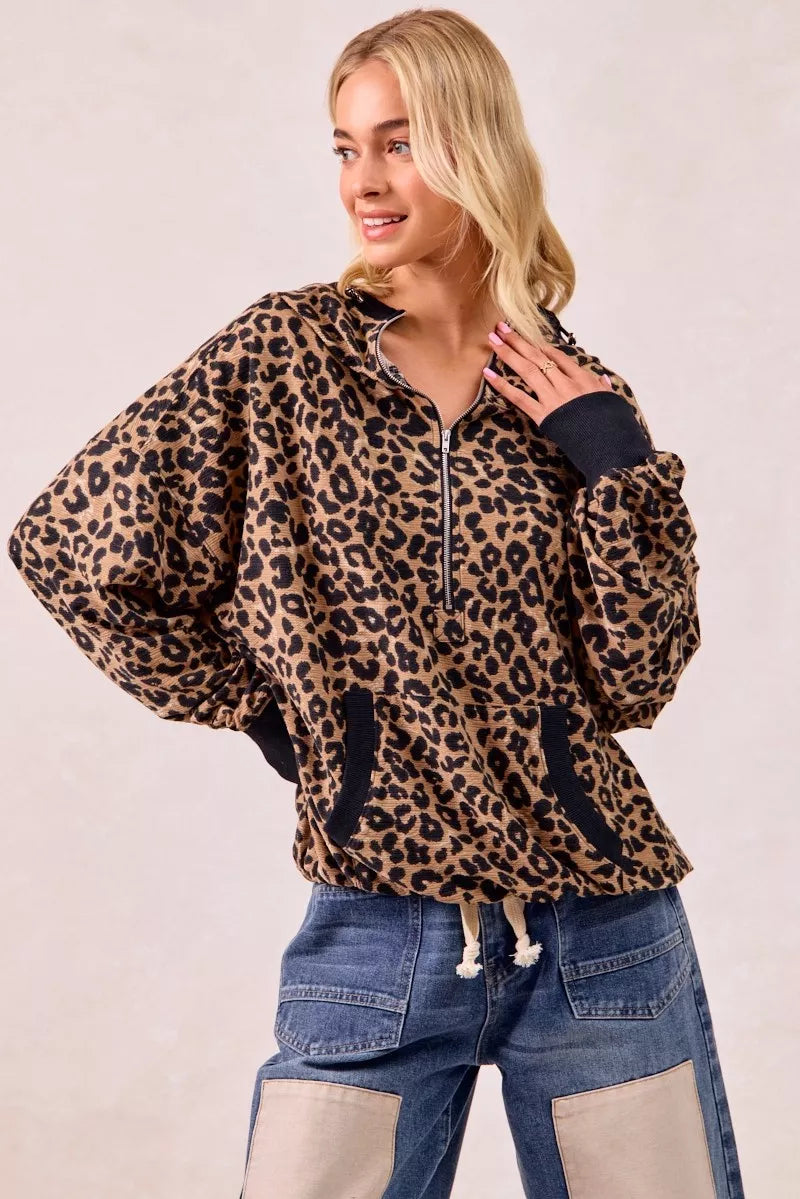 BiBi Leopard Print Hoodie Womens Waffle Half Zip Up With Pockets c004e41e2b7042aaab817c1a80b45ced-Max-Origin Trendsi