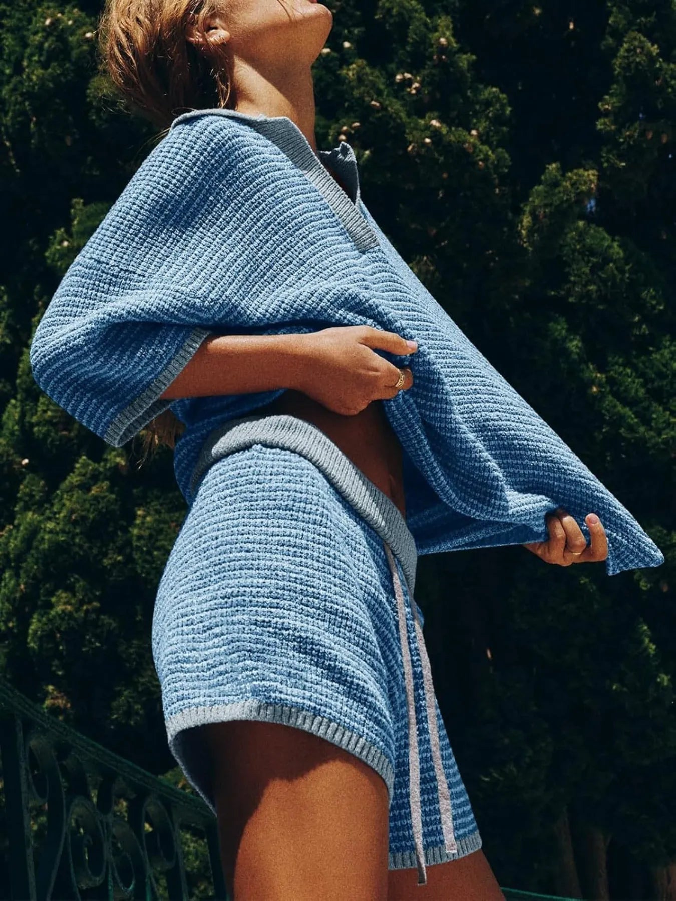 Sweater Set Women's Collared Neck Contrast Striped Top and Shorts 2 Pcs c0054c7e-5c45-4c94-a7b8-94feef9f232d-Max-Origin Trendsi