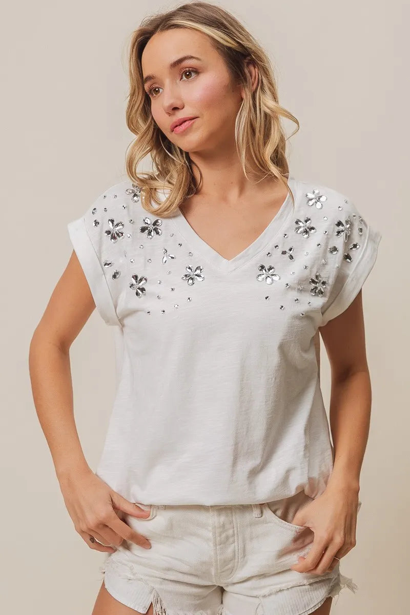 BiBi Cotton T-shirt Slub Jersey Rhinestone Flowers Beaded V Neck Top c0076001ac324159a2ff7e9f2e3b317a-Max-Origin Trendsi