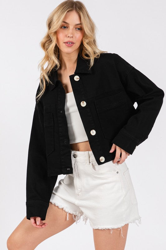 Bytos USA Denim Jacket Black Cropped Women Cotton with Patch Pockets