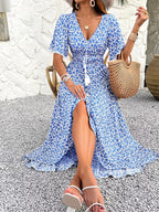 Women's Floral Midi Dress V-Neck Ruffle Short Sleeve Summer Fashion