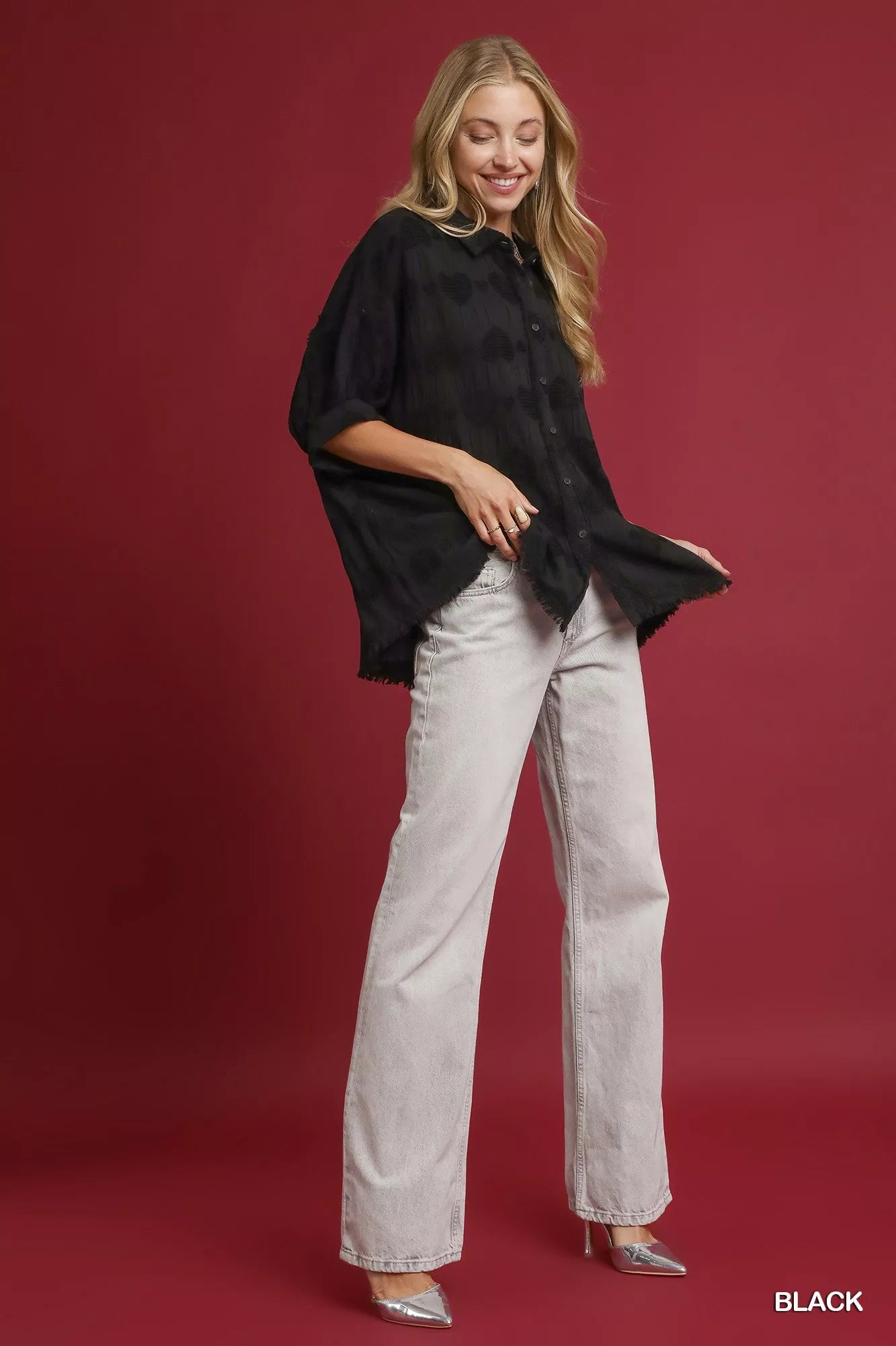 Umgee Women's Shirt Black Jacquard Heart Collared Short Sleeve Top c01a1de0-6f90-4b2c-a39a-1557d9607148-Max-Origin Trendsi