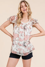 Lime 'N' Chili Blouse Pink Floral Print Lace Trim Puff Short Sleeve c01a5beb7f364cea9a468dfe2385cba2-Max-Origin Trendsi