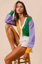 BiBi Sequin Sweater Cardigan Mardi Gras Color Block Buttoned Long Sleeve c0232da0b366471897e1e306c42b774a-Max-Origin Trendsi