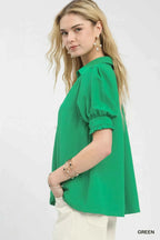 Umgee Blouse Green Seersucker Puff Short Sleeve Top