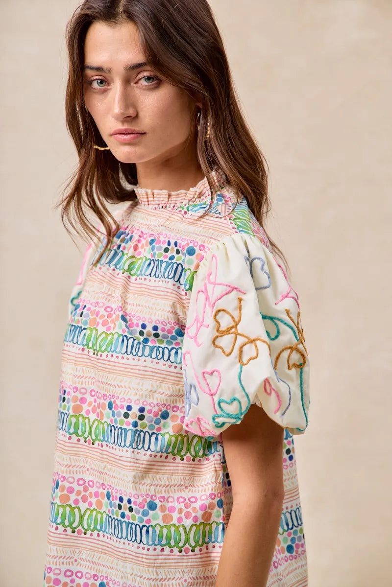 BiBi Blouse Multicolor Ruffle Neckline With Embroidery Bubble Short Sleeve Top c02daa942a884ae7915a3411a296c8eb-Max-Origin Trendsi