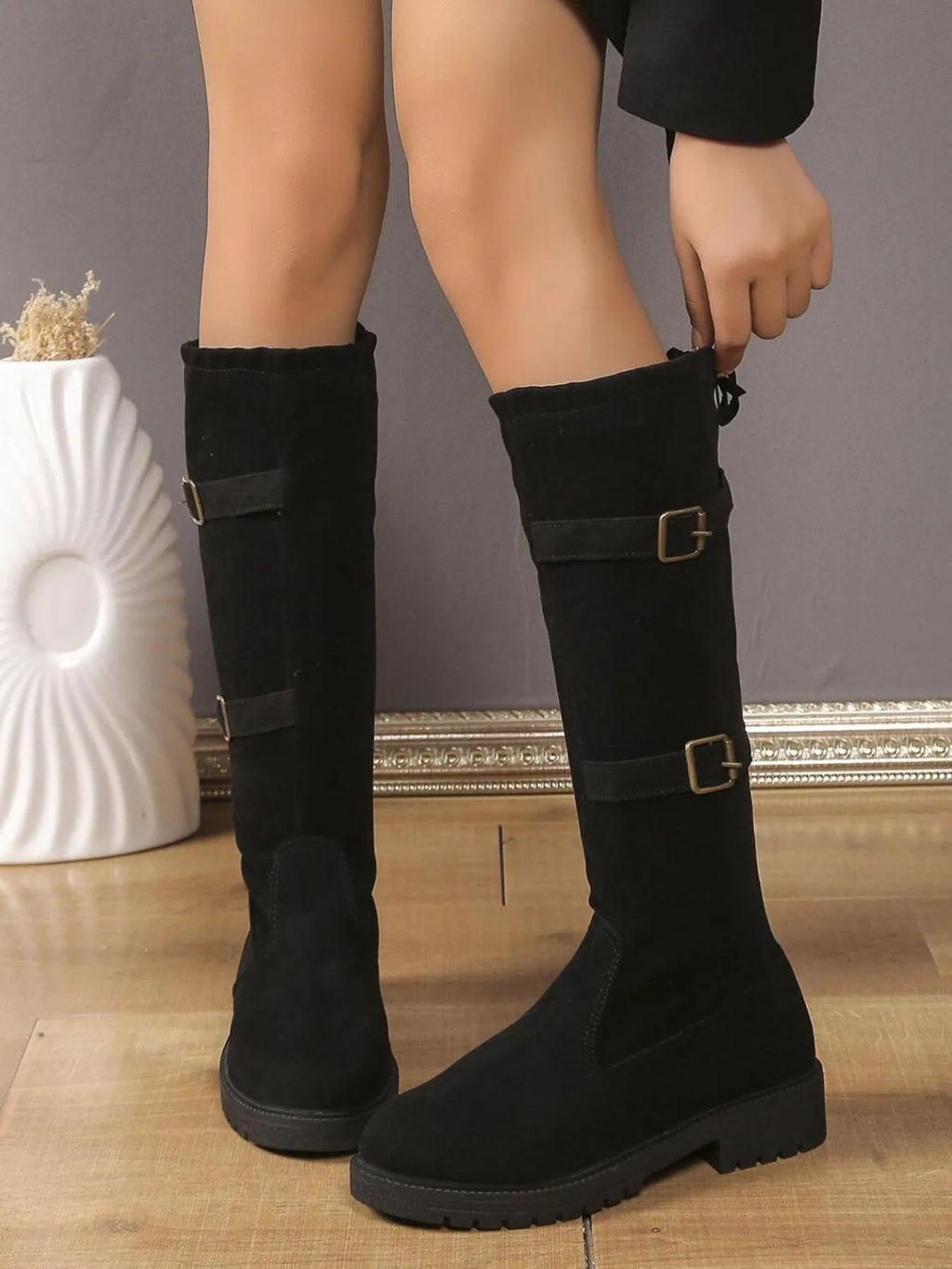 Women's Suede Boots Knee-High Combat with Double Buckle Straps Low Heel Black c02f94e6-2518-4b1b-96ec-beb0f4a3e43a-Max-Origin Trendsi