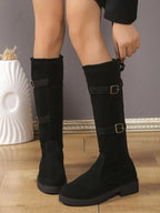 Women's Suede Boots Knee-High Combat with Double Buckle Straps Low Heel Black c02f94e6-2518-4b1b-96ec-beb0f4a3e43a-Max-Origin Trendsi