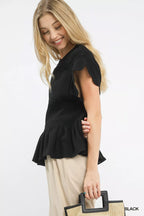 Umgee Womens Blouse Blac Linen Blend Smocked Peplum Short Sleev Top c03145d9-e7af-47ef-8196-a5430f971d78-Max-Origin Trendsi