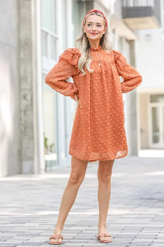 And The Why Mini Dress Swiss Dot Camel Lovely Ruffle Shoulder with Textured c032bb25572d4c5da0d5ed2a332f1e61-Max-Origin Trendsi