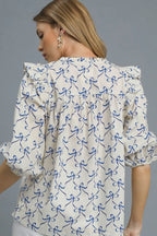 Umgee Blouse Royal Blue Bow Print Smocked Neck Notched Ruffled Top c0354e35-e7af-44d1-b57c-0d30b5868442-Max-Origin Trendsi