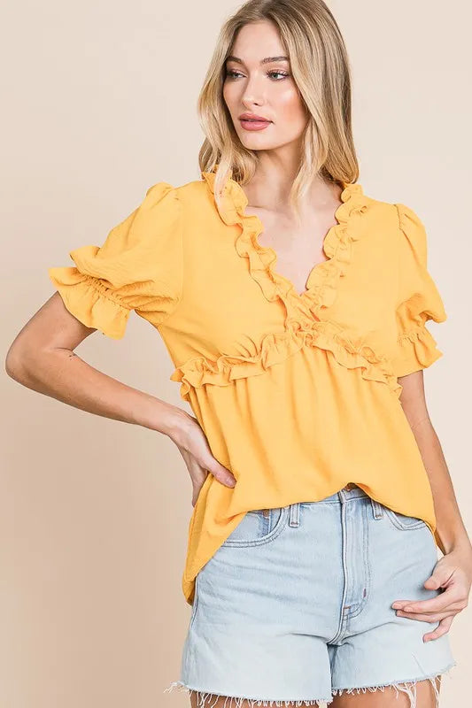 Lime 'N' Chili Babydoll Top Ruffled Deep V-Neck Puff Short Sleeve c0370de8fd1444448abc94ad9551ad30-Max-Origin Trendsi