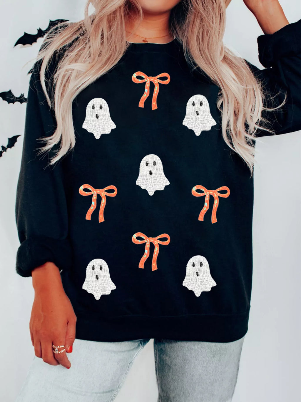 Halloween Women's Sweatshirt Black Ghost Bow Sequin Patched Drop Shoulder c0378b3c01964017b65b6f65a509c676-Max-Origin Trendsi
