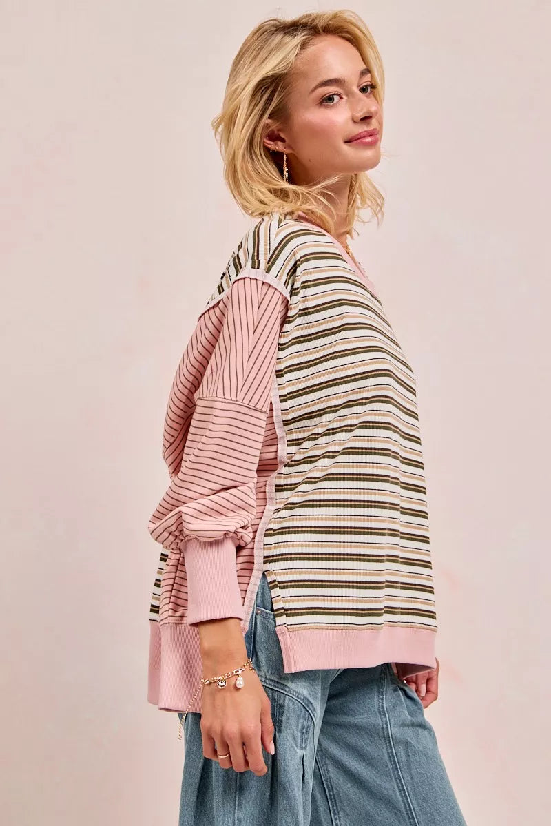 BiBi Womens Sweatshirt Stripe Mixed Top With Cut Edge And Reverse Outseam c0382d650b534fedadc10bc5e515c82e-Max-Origin Trendsi