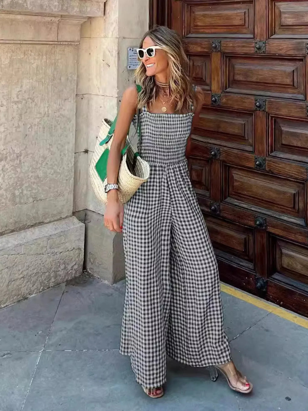 Women's Jumpsuit Gingham Plaid Smocked High Waist Wide-Leg Overall Black c04b8a688f6446489215778f88a44513-Max-Origin Trendsi