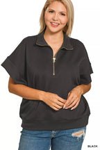 Zenana Womens Sweatsirt Black Scuba High Neck Half Zip Short Sleeve Top c04fe8de-45ed-4599-906c-edc89503eb82-Max-Origin Trendsi