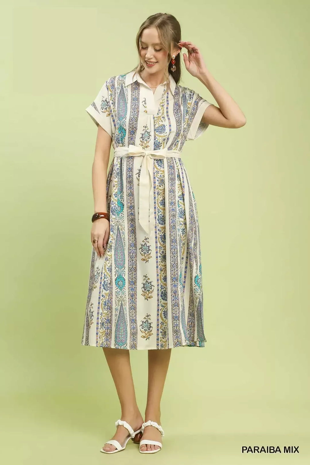 Umgee Vertical Print Midi Dress with Tie Waist and Collared Split V-Neck