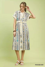 Umgee Vertical Print Midi Dress with Tie Waist and Collared Split V-Neck