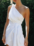 Mini Dress Ruched One-Shoulder Asymmetrical Side Tied Cotton Blend White c05ef8e2-1e17-44eb-a825-6ccec1cb86b1-Max-Origin Trendsi