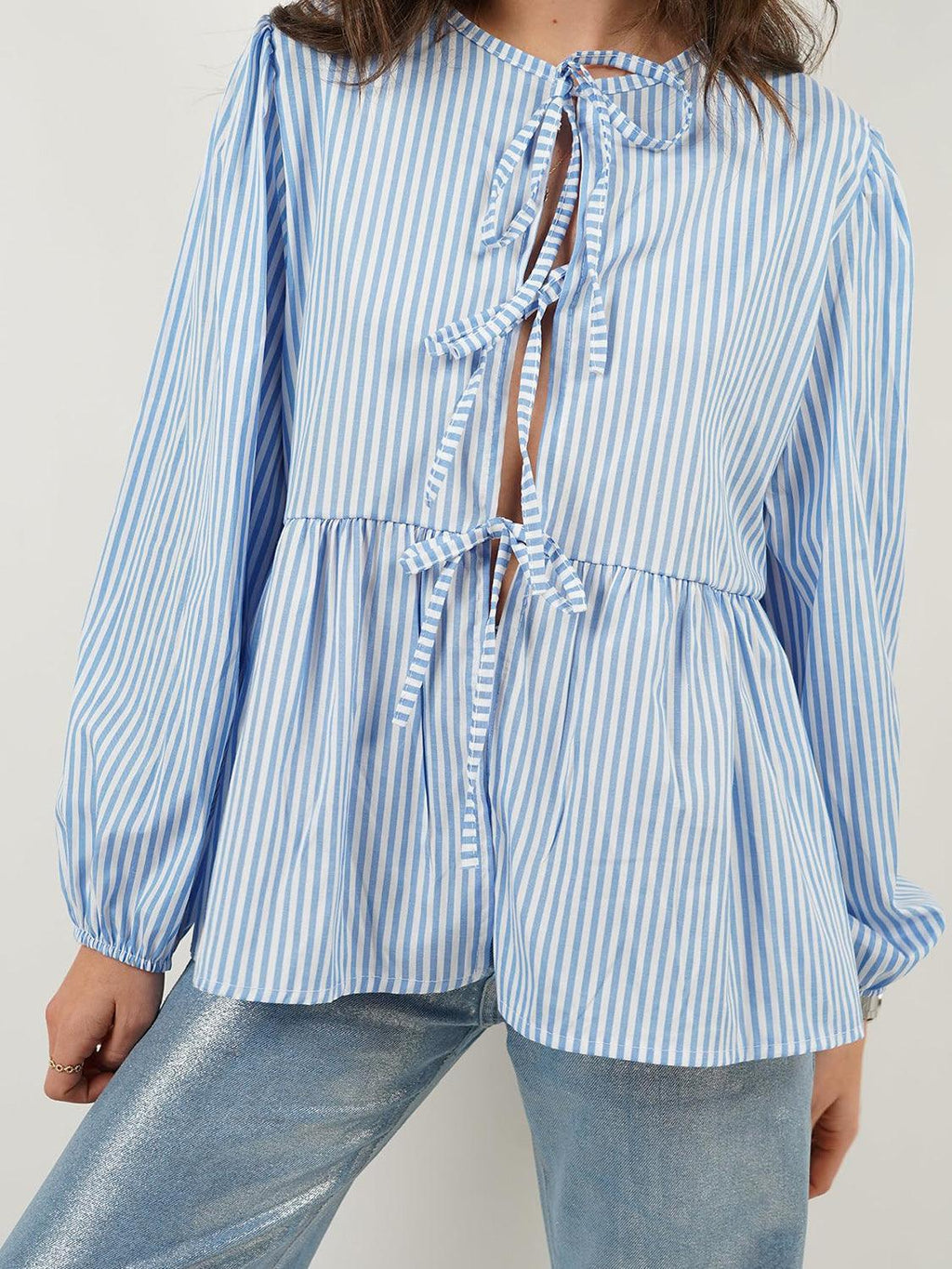 Blouse Front Tied Round Neck Long Sleeve Cotton Blend Tops Stripe c0634c83-f735-400e-bf09-d95e112bcbd8-Max_62996e61-83f4-4a84-b932-bf8db1511185 Trendsi
