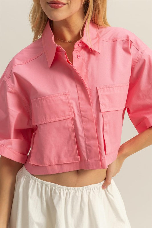 HYFVE Crop Shirt Pink Front Pockets Poplin Collared Neck Short Sleeve c072a573-0fba-43c5-a05e-d87ed6655d88-Max Trendsi